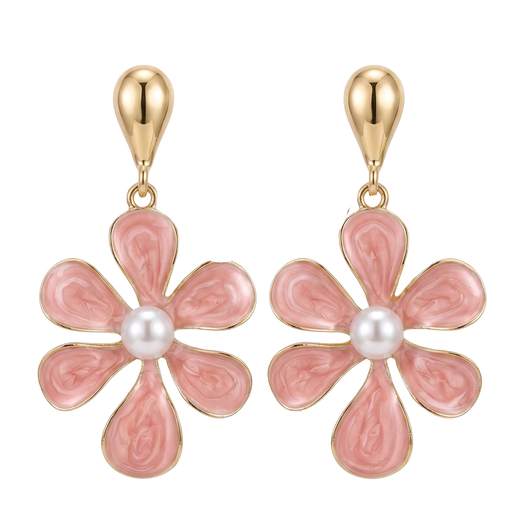 Pendientes colgantes en forma de flor de esmalte rosa y perla central de acero inoxidable con baño de oro de 18k PVD hechos en Bélgica.