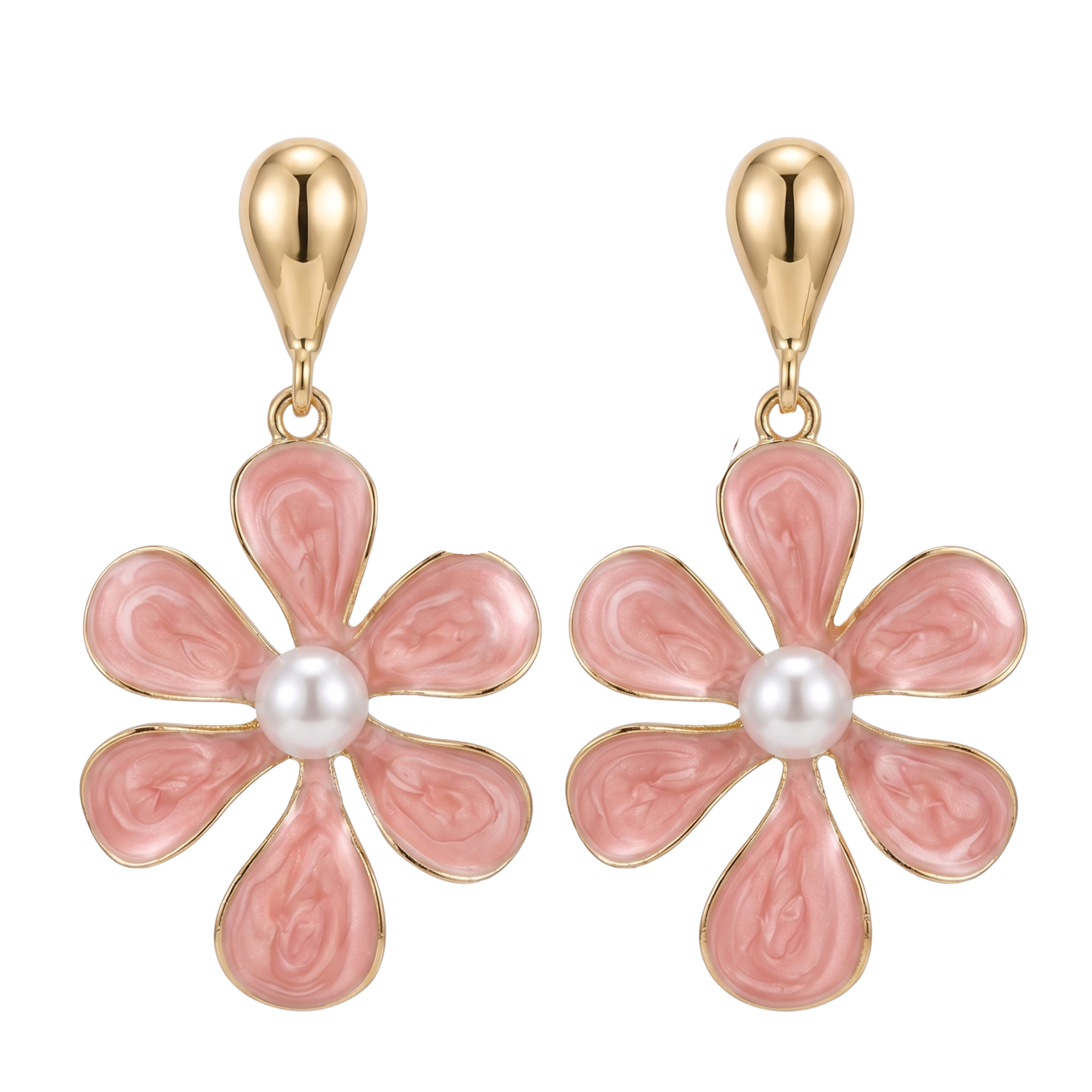 Pendientes colgantes en forma de flor de esmalte rosa y perla central de acero inoxidable con baño de oro de 18k PVD hechos en Bélgica.