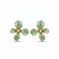 Pendientes de botón en forma de flor verde salvia en esmalte con perla central de acero inoxidable con baño de oro de 18k PVD hechos en España.