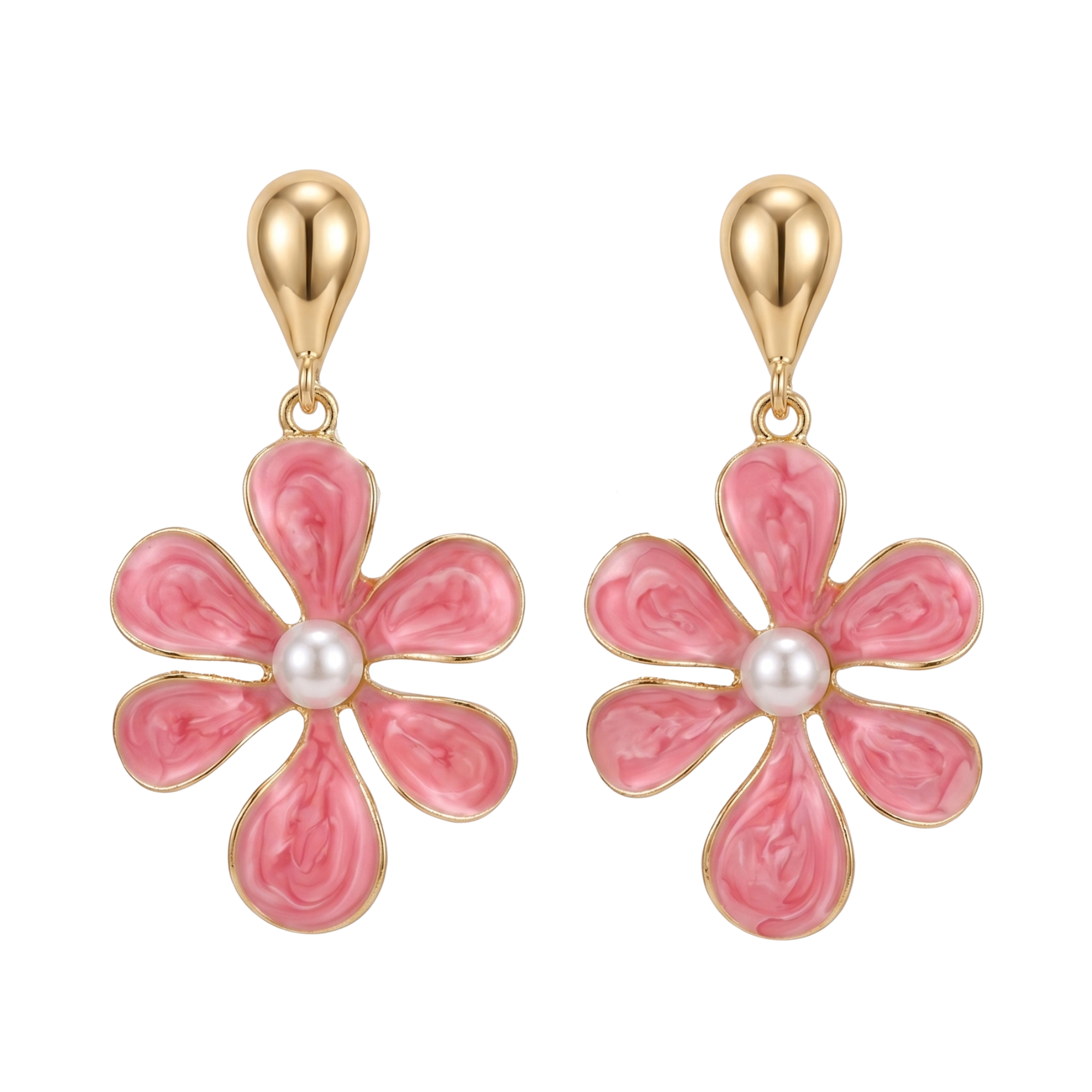 Pendientes colgantes en forma de flor con esmalte rosa y perla central de acero inoxidable con baño de oro de 18k PVD hechos en España.
