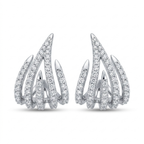 Pareja de pendientes de acero tipo garra esculpida chapados en oro blanco de 18k, con diseño de cinco bandas puntiagudas decrecientes decoradas con pavé de circonitas brillantes, hechos en España.