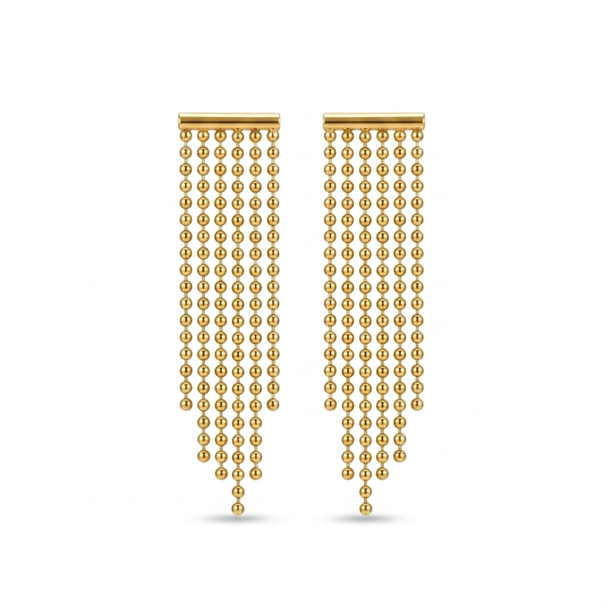Pendientes largos de flecos con cadenas de esferas en cascada, de acero bañados en oro de 18K, fabricados en España.