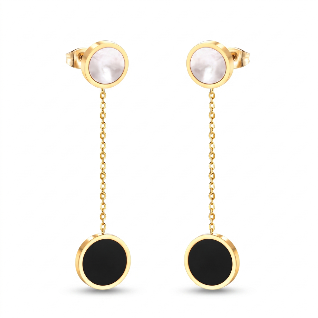 Pendientes largos de lujo de acero bañado en oro 18K con círculos en contraste blanco y negro, joyería fina fabricada en Bélgica.