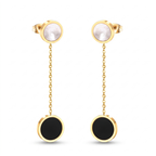 Pendientes largos de lujo de acero bañado en oro 18K con círculos en contraste blanco y negro, joyería fina fabricada en Bélgica.