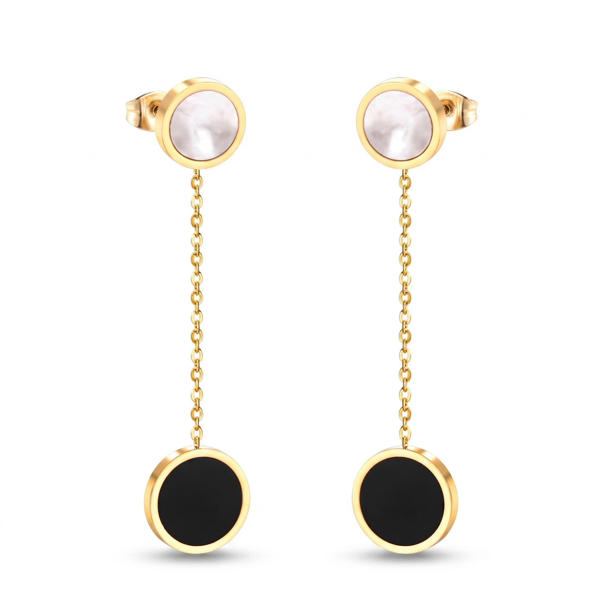 Pendientes largos de lujo de acero bañado en oro 18K con círculos en contraste blanco y negro, joyería fina fabricada en Bélgica.