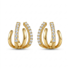 Pendientes de estilo multiaro o cuff con cuatro bandas en acero bañado en oro de 18K y circonitas pavé, fabricados en España.