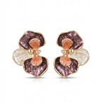 Pendientes de diseño botánico en forma de flor de orquídea con baño de oro de 18K y pétalos acrílicos texturizados en tonos borgoña, rosa y nácar, hechos en España.