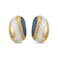 Pendientes ovalados de diseño tridimensional con baño de oro de 18K y bandas acrílicas texturizadas en relieve de tonos azul, oro y plata, fabricados en España.