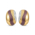 Pendientes ovalados de diseño tridimensional con baño de oro de 18K y bandas acrílicas texturizadas en relieve de tonos borgoña, oro y plata, fabricados en España.
