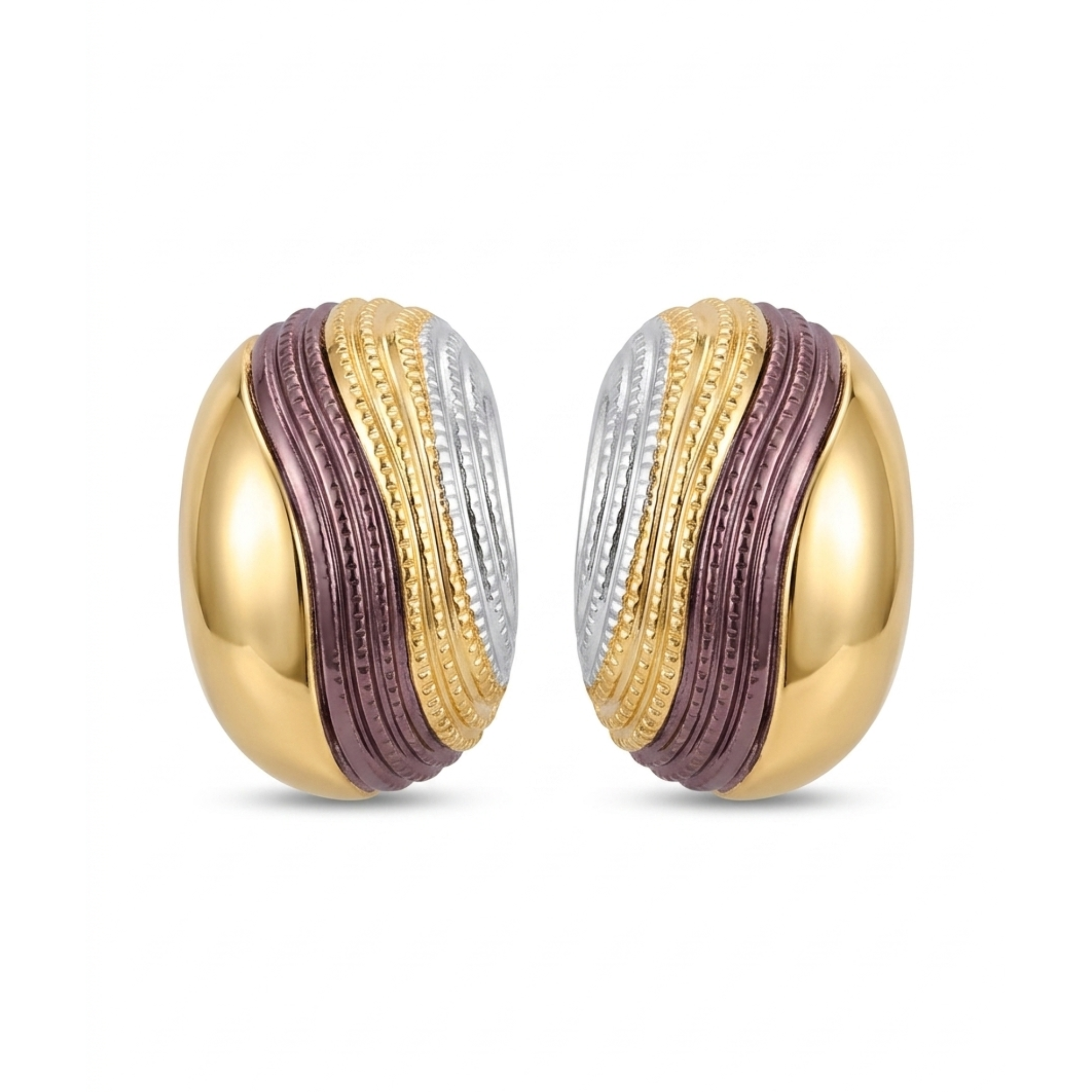 Pendientes ovalados de diseño tridimensional con baño de oro de 18K y bandas acrílicas texturizadas en relieve de tonos borgoña, oro y plata, fabricados en España.