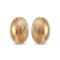 Pendientes ovalados de diseño tridimensional con baño de oro de 18K y bandas acrílicas texturizadas en oro amarillo, rosa y plata, fabricados en España.