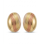 Pendientes ovalados de diseño tridimensional con baño de oro de 18K y bandas acrílicas texturizadas en oro amarillo, rosa y plata, fabricados en España.