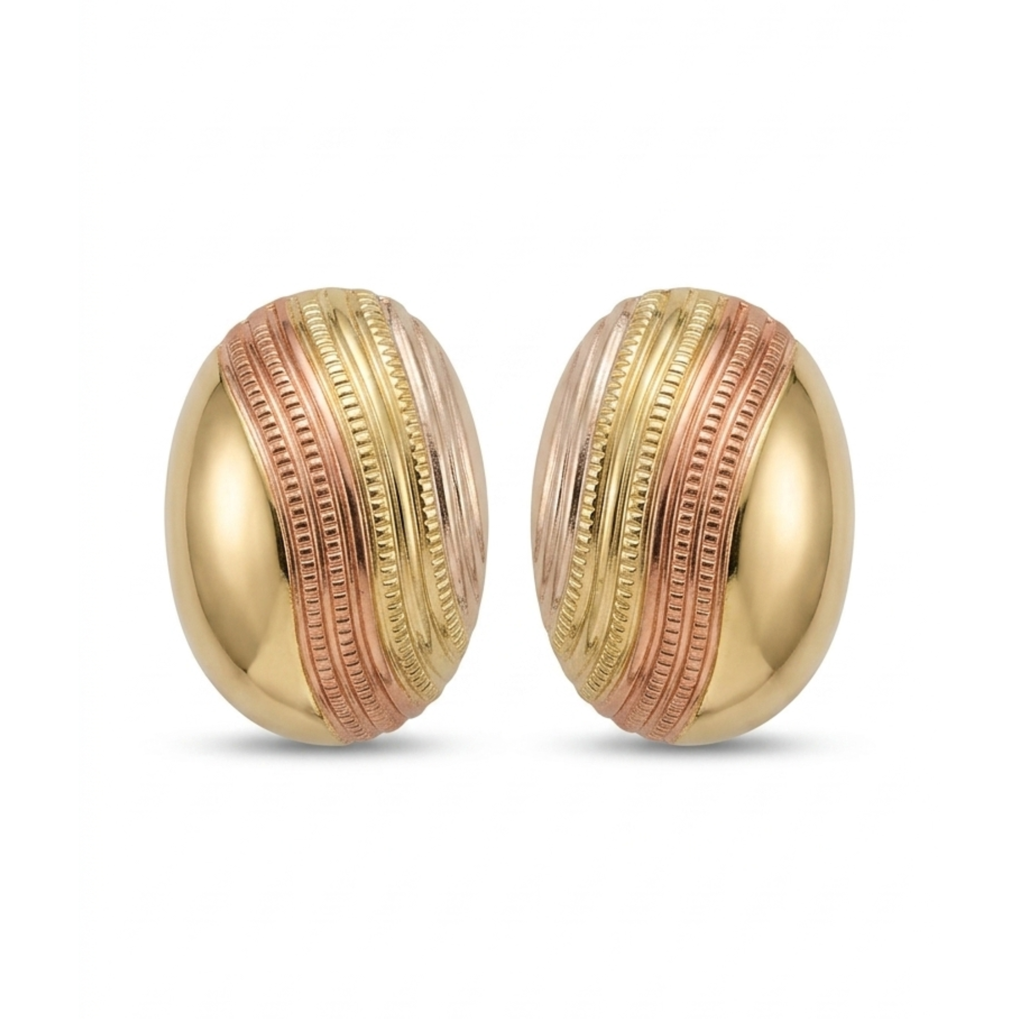 Pendientes ovalados de diseño tridimensional con baño de oro de 18K y bandas acrílicas texturizadas en oro amarillo, rosa y plata, fabricados en España.