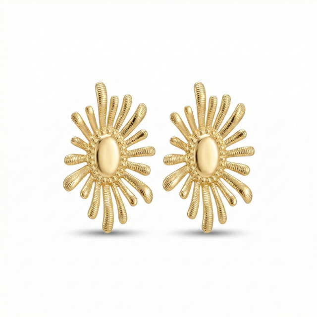 Boucles d'oreilles puces motif soleil radieux – Acier plaqué or 18 carats