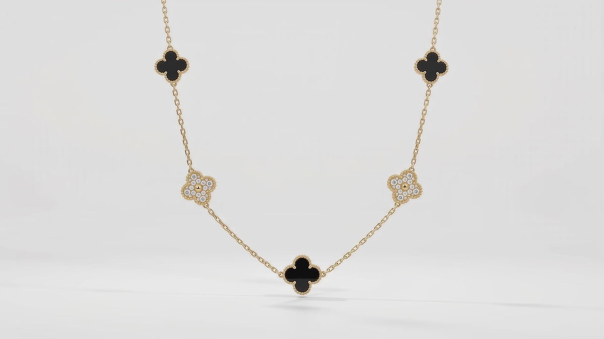Ebony & Diamond-Paved Clover Necklace with Beaded Trim