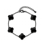 Pulsera de cadena de acero negro con cinco dijes de tréboles de cuatro hojas en color negro brillante y cierre regulable, hecha en España.