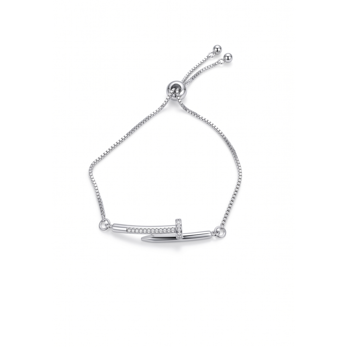 Pulsera ajustable de acero bañada en oro 18k PVD con motivo de clavo y circonitas brillantes hecha en España.