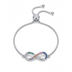 Pulsera ajustable de acero con baño de oro 18k PVD y motivo infinito con circonitas multicolor hecha en España.