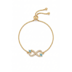 Pulsera ajustable de acero bañada en oro 18k PVD con motivo de infinito en circonitas y detalles turquesa hecha en España.