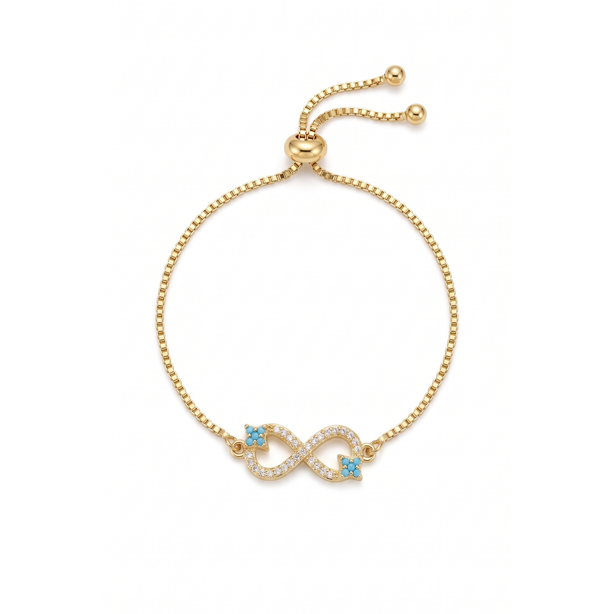 Pulsera ajustable de acero bañada en oro 18k PVD con motivo de infinito en circonitas y detalles turquesa hecha en España.