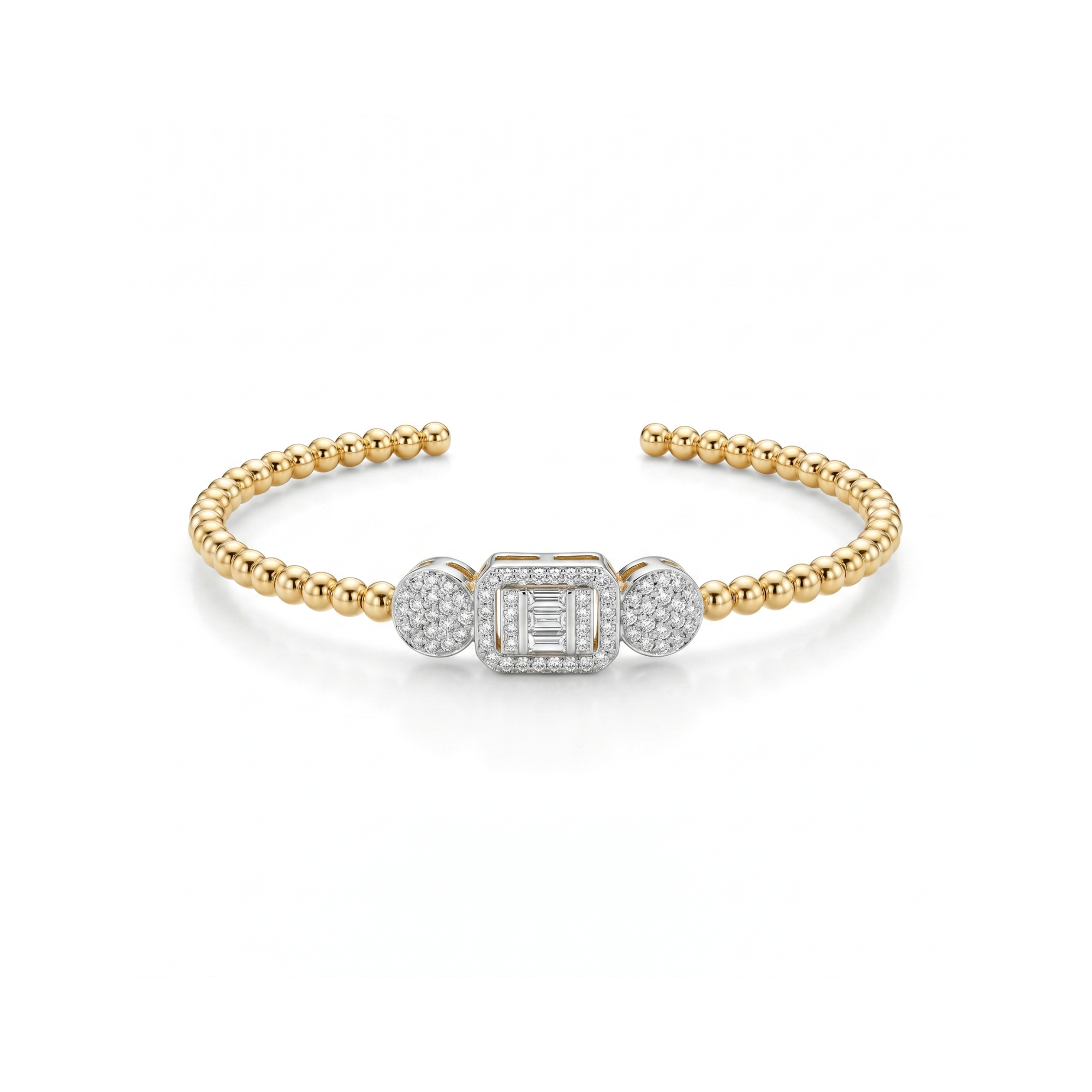 Pulsera rígida de bolas bañada en oro de 18K con centro de cristales talla baguette y pavé circular, hecha en España.