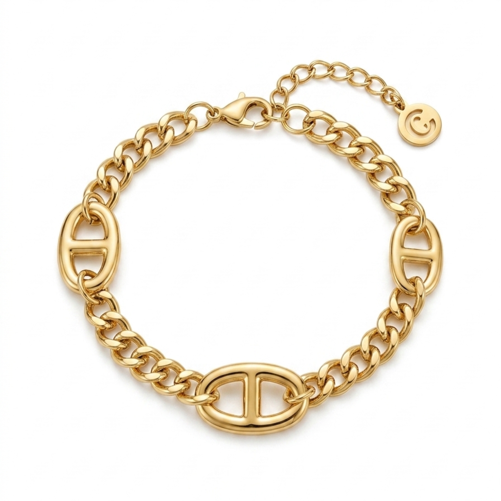 Pulsera de eslabones barbados y motivos de eslabón marino calabrote dorados, chapada en oro de 18k sobre acero inoxidable con cadena de extensión, hecha en Italia.