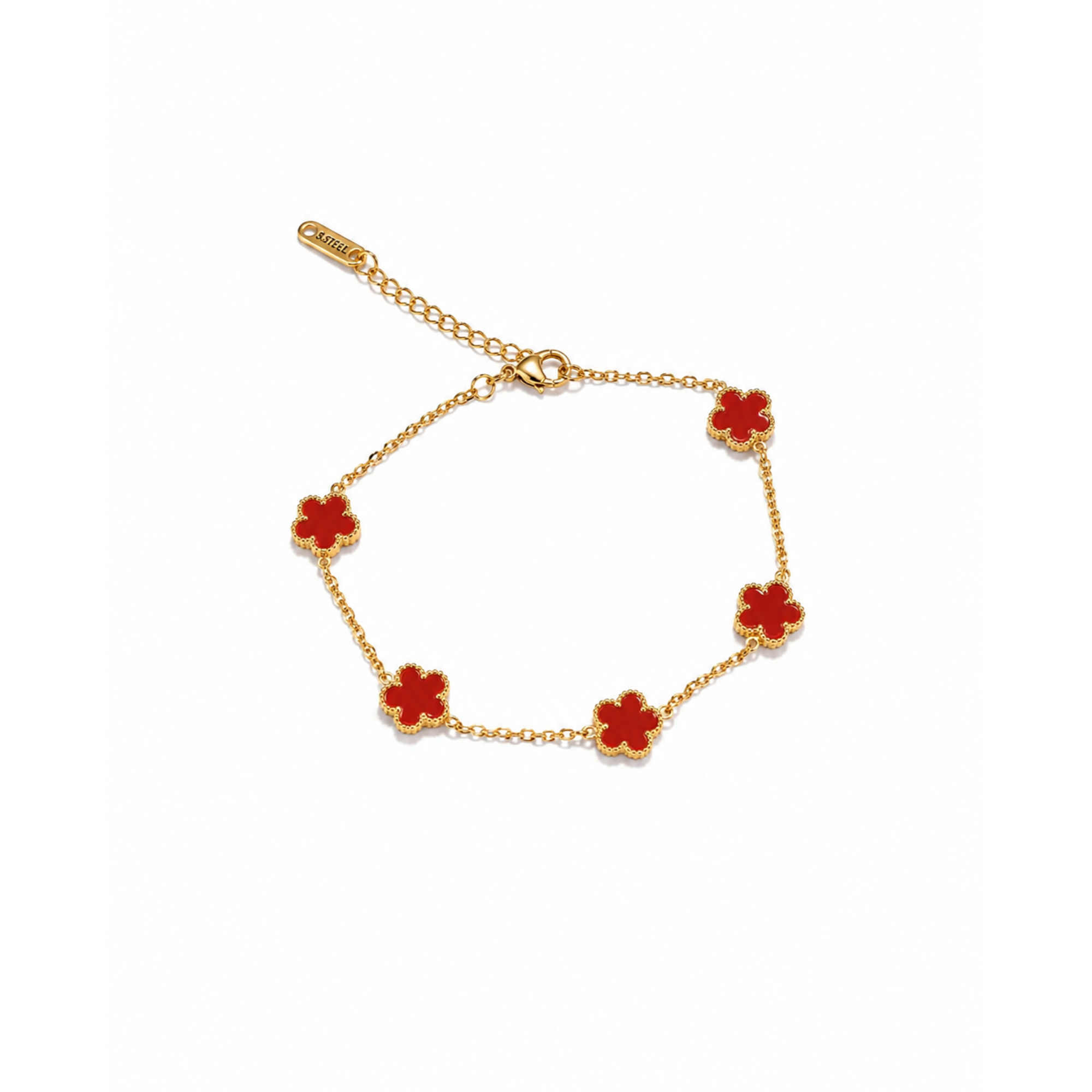 Pulsera de cadena fina en color oro de 18K con cinco motivos florales en esmalte rojo y bordes en relieve perlado.