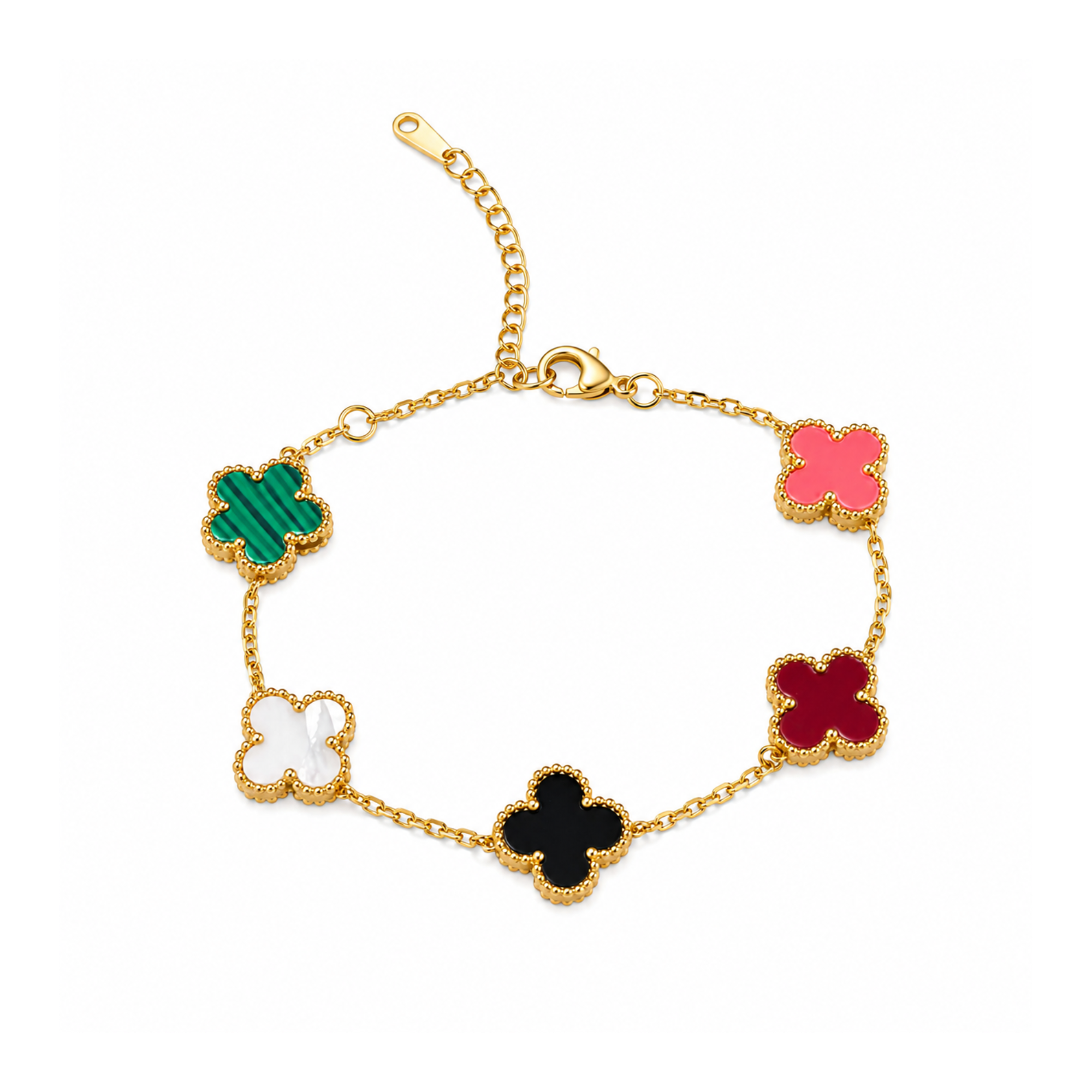 Pulsera de cadena fina en color oro de 18K con cinco motivos de tréboles de cuatro hojas en tonos multicolor (verde, blanco, negro, granate y rosa).