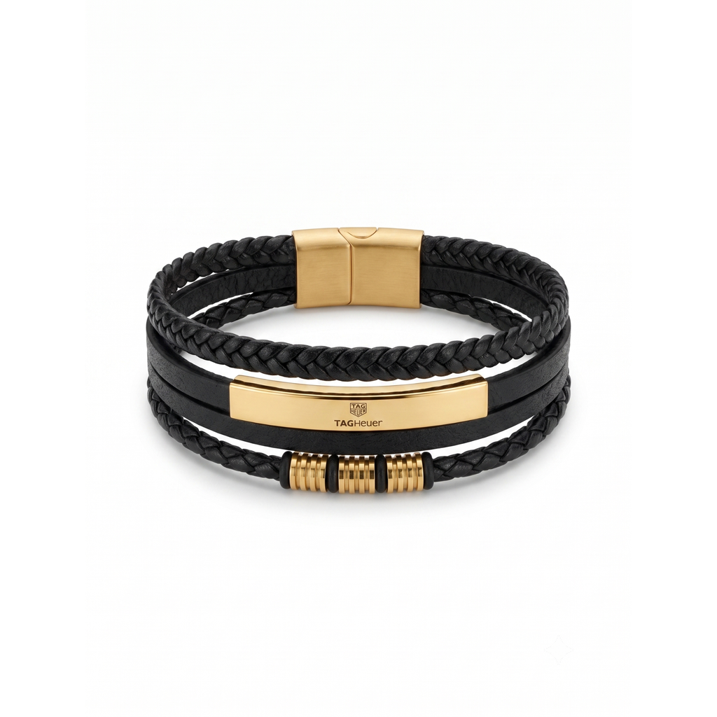 Pulsera multitira de cuero negro trenzado y acero inoxidable 100% con placa y cierre magnético chapados en oro de 18k PVD.
