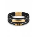 Pulsera multitira de cuero negro trenzado y acero inoxidable 100% con placa y cierre magnético chapados en oro de 18k PVD.