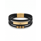 Pulsera multitira de cuero negro trenzado y acero inoxidable 100% con placa y cierre magnético chapados en oro de 18k PVD.