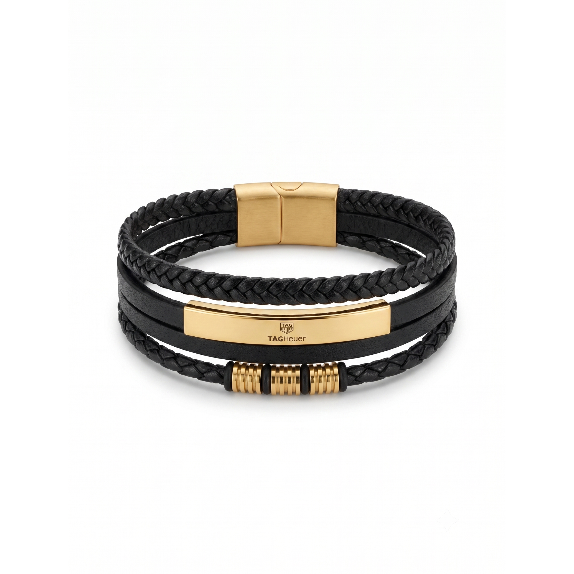 Pulsera multitira de cuero negro trenzado y acero inoxidable 100% con placa y cierre magnético chapados en oro de 18k PVD.