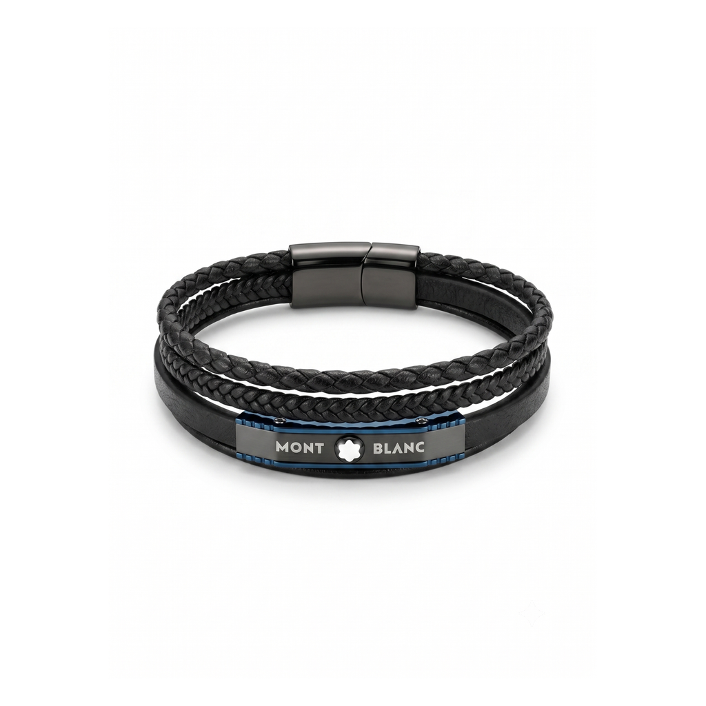 Pulsera multicapa de cuero negro para hombre con placa de acero y detalles bañados en oro de 18k PVD.