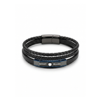 Pulsera multicapa de cuero negro para hombre con placa de acero y detalles bañados en oro de 18k PVD.
