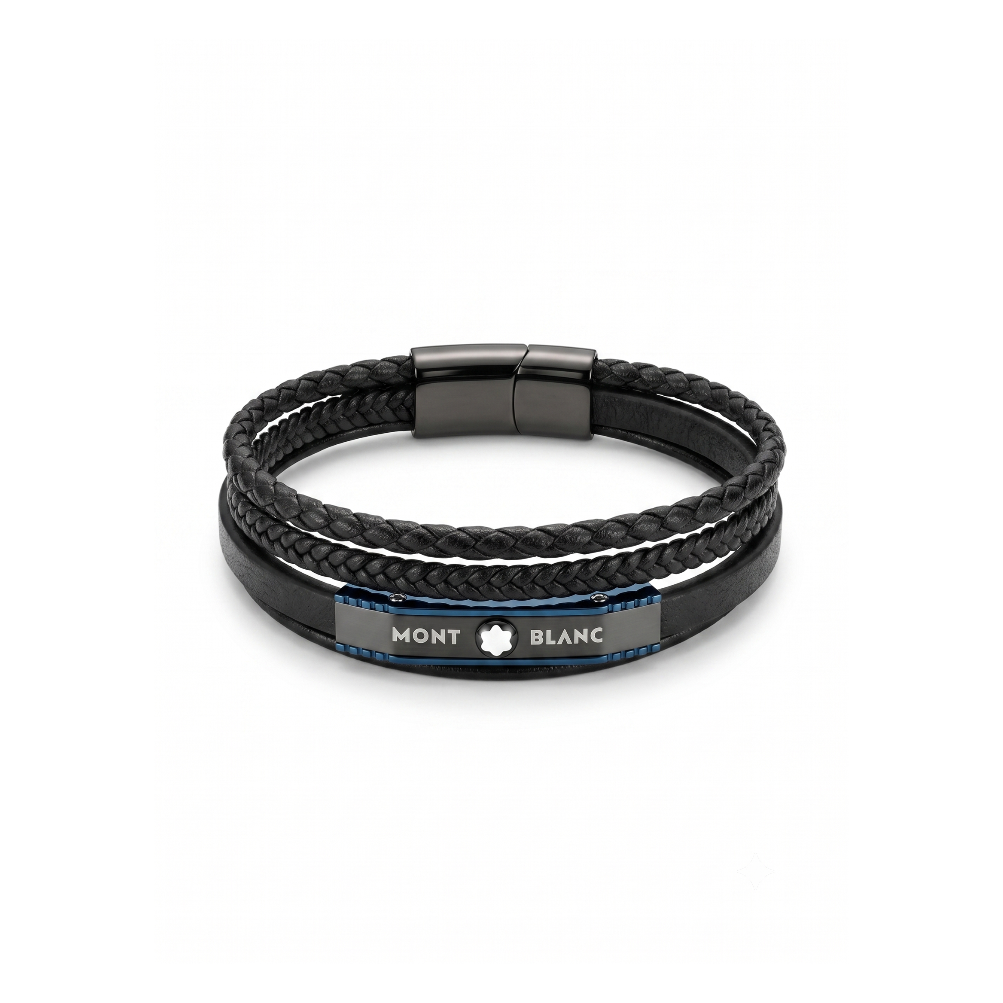 Pulsera multicapa de cuero negro para hombre con placa de acero y detalles bañados en oro de 18k PVD.