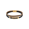 Pulsera multicapa de cuero negro y cordón trenzado con cuentas doradas y placa central de acero bañado en oro de 18k PVD.