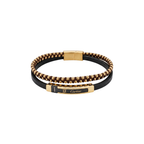 Pulsera multicapa de cuero negro y cordón trenzado con cuentas doradas y placa central de acero bañado en oro de 18k PVD.