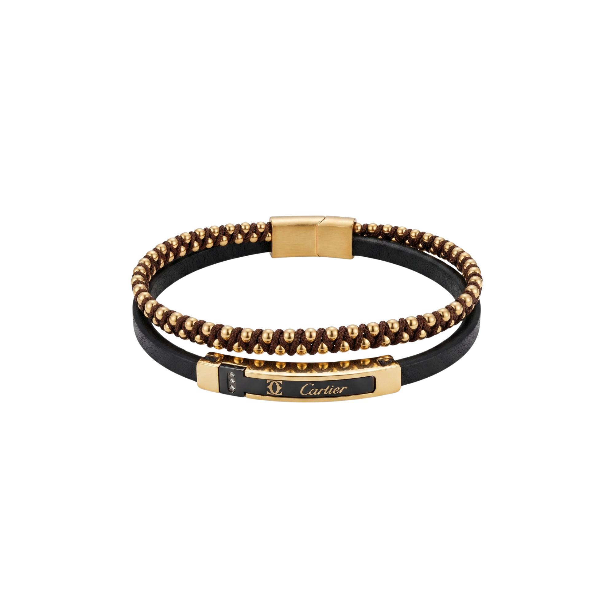 Pulsera multicapa de cuero negro y cordón trenzado con cuentas doradas y placa central de acero bañado en oro de 18k PVD.
