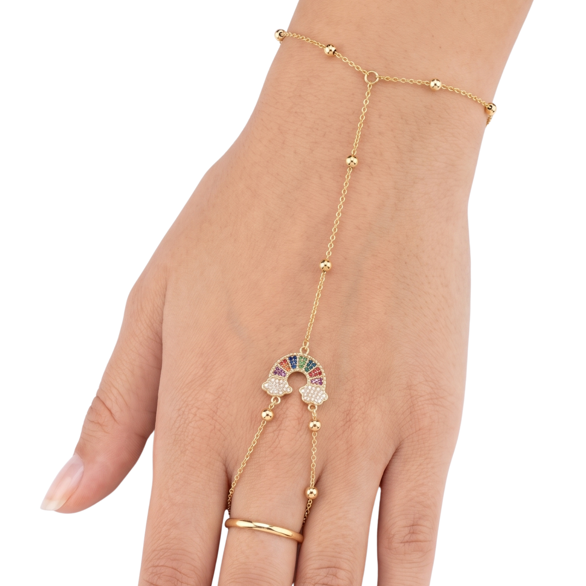 Elegante pulsera de mano con diseño de arcoíris multicolor en pavé y cadena de esferas, bañada en oro de 18K.