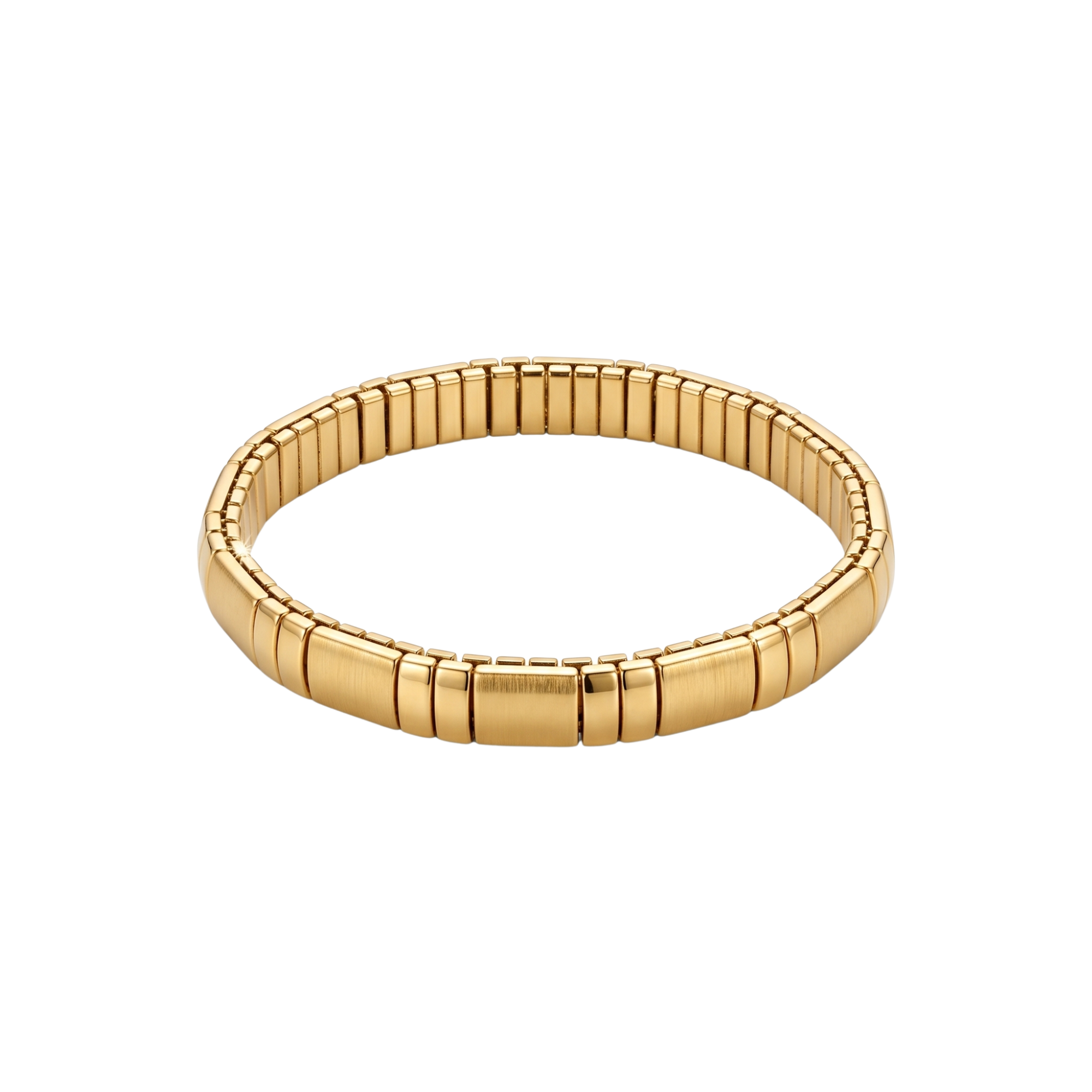 Pulsera elástica de eslabones geométricos bañada en oro de 18k de diseño minimalista fabricada en España.
