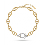 Pulsera de acero de eslabones calabrote dorados en oro de 18k con un cierre central plateado decorado con pavé de circonitas brillantes, hecha en España.