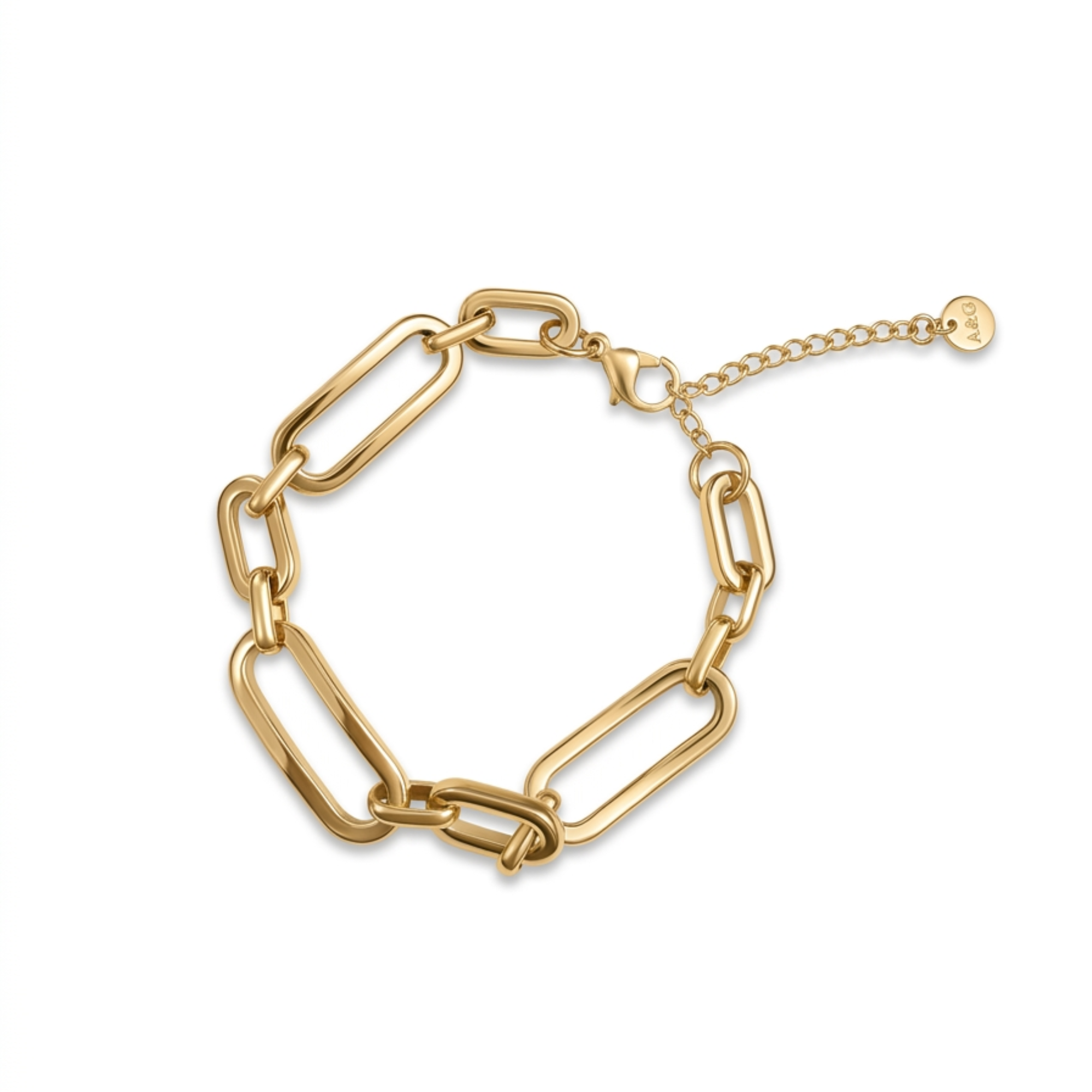 Pulsera de eslabones rectangulares alargados estilo paperclip chapada en oro de 18k sobre acero inoxidable con cadena de extensión, hecha en Alemania.