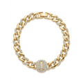 Pulsera de eslabones tipo Cuban link bañada en oro de 18k PVD con circonitas y centro ovalado con piedras baguette, hecha en España.