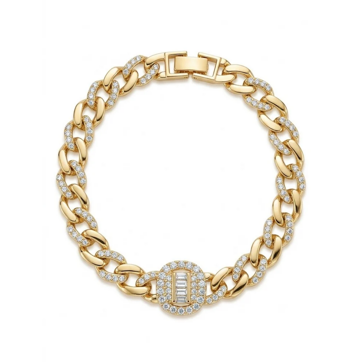 Pulsera de eslabones tipo Cuban link bañada en oro de 18k PVD con circonitas y centro ovalado con piedras baguette, hecha en España.