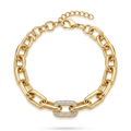 Pulsera de eslabones ovalados dorados chapada en oro de 18k sobre acero inoxidable con un eslabón central rectangular decorado con pavé de circonitas brillantes, hecha en Francia.