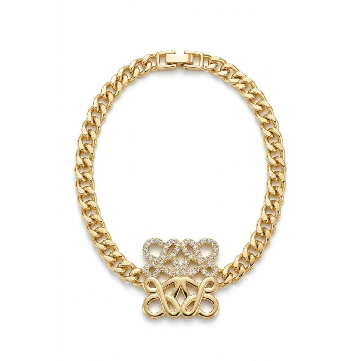 Pulsera de eslabones bañada en oro de 18k PVD con motivo central entrelazado y circones brillante, hecha en España.
