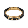 Pulsera de cuero negro para hombre con cadena de eslabones dorados y placa de acero 100% chapada en oro de 18k con tecnología PVD.