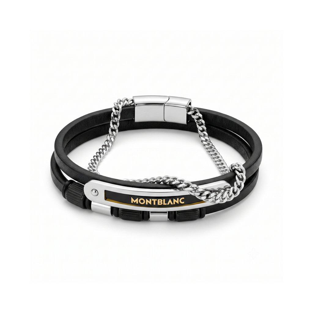 Pulsera multitira masculina de piel negra y acero 100% con adorno de cadena eslabonada y detalles grabados chapados en oro de 18K PVD.
