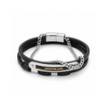 Pulsera multitira masculina de piel negra y acero 100% con adorno de cadena eslabonada y detalles grabados chapados en oro de 18K PVD.