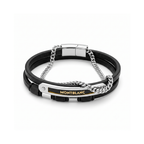 Pulsera multitira masculina de piel negra y acero 100% con adorno de cadena eslabonada y detalles grabados chapados en oro de 18K PVD.